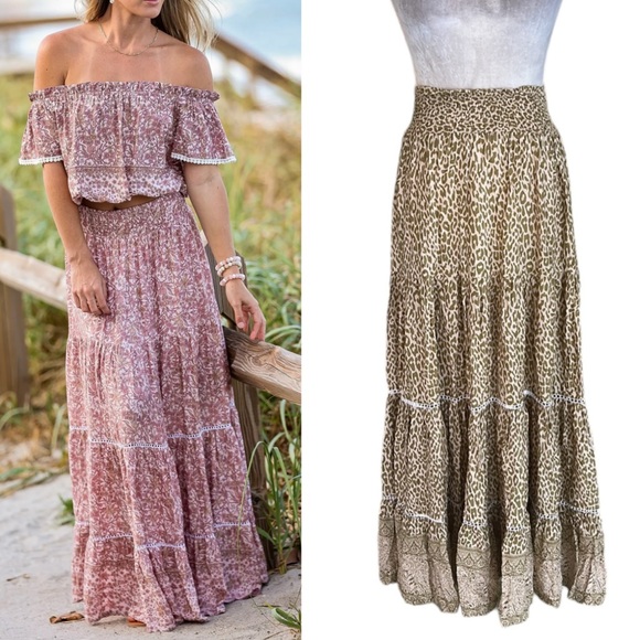 Sea Lustre Cruz Tan Leopard Tiger Animal Print Smocked Tiered Maxi Skirt - XS - Picture 2 of 14